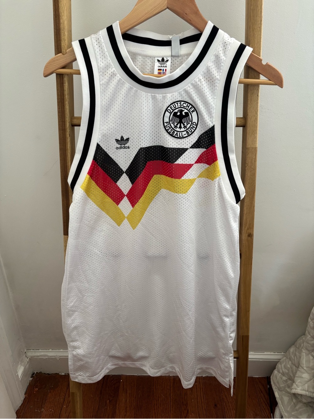 Adidas White Retro Germany Mesh Tank with Black, Red & Yellow Chevron